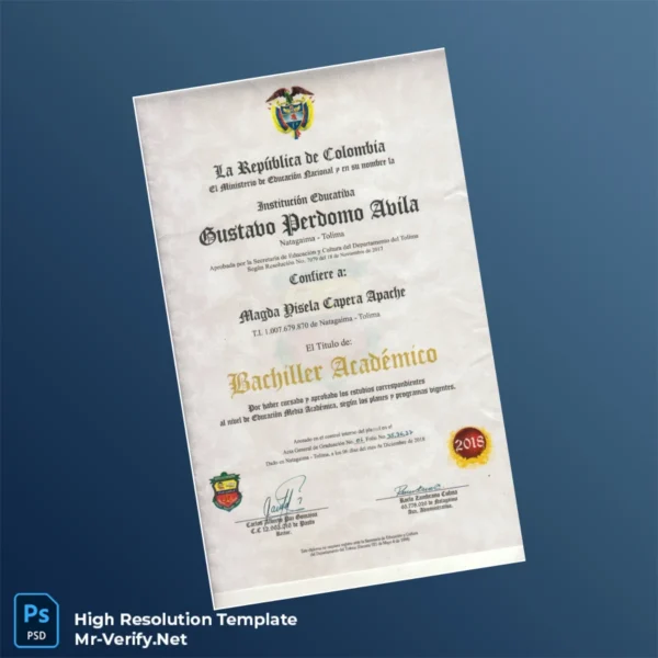 Colombia Gustavo Perdomo Ávila High School Diploma – Fully Editable High-Resolution Template